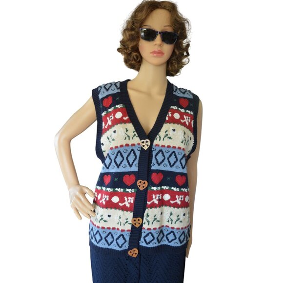 Vintage 90s Eagle's Eye Knit Sweater Vest Teacher Core Blue Red Hearts Size M - Picture 1 of 11